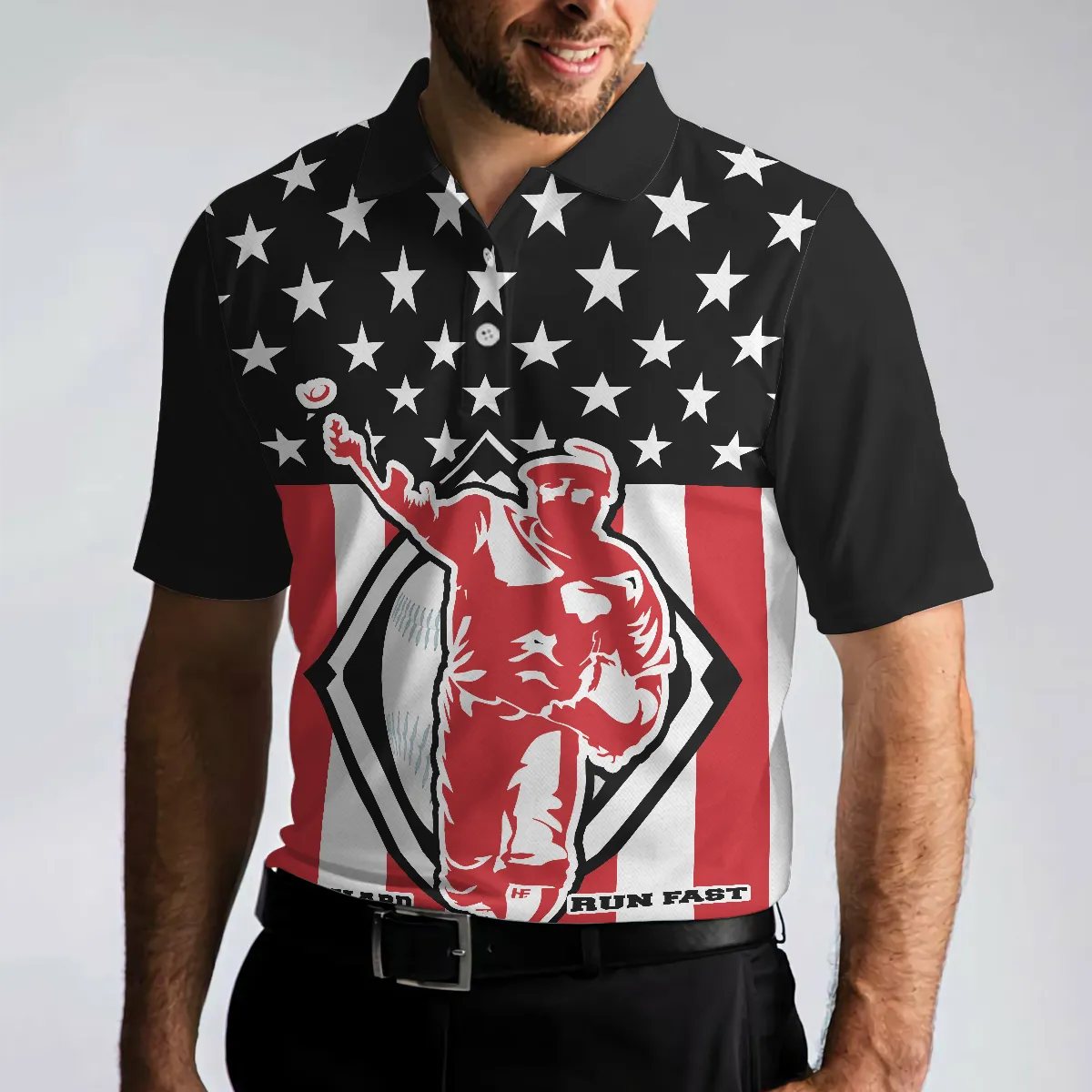 Baseball Hit Hard Run Fast Short Sleeve Polo Shirt, Black Theme American Flag Polo Shirt, Best Baseball Shirt For Men