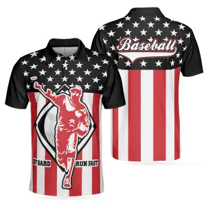 Baseball Hit Hard Run Fast Short Sleeve Polo Shirt, Black Theme American Flag Polo Shirt, Best Baseball Shirt For Men