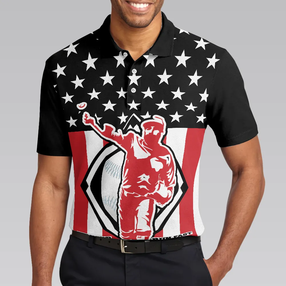 Baseball Hit Hard Run Fast Short Sleeve Polo Shirt, Black Theme American Flag Polo Shirt, Best Baseball Shirt For Men
