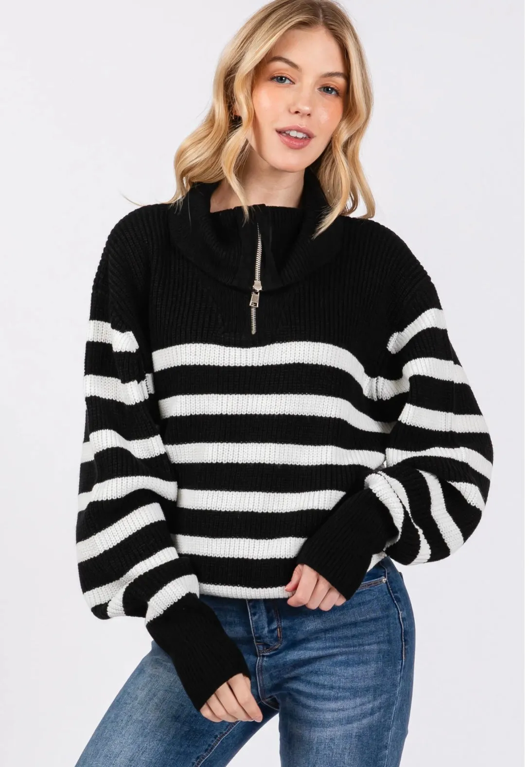 Black & White Funnel Neck Half Zip Stripe Sweater Top