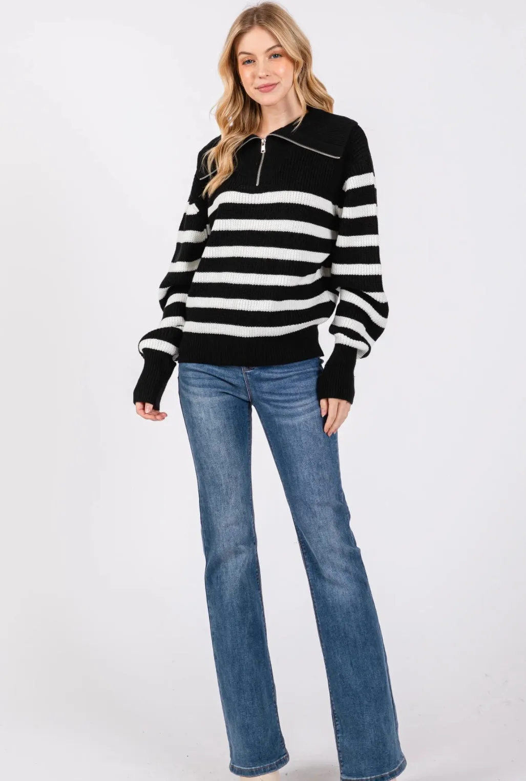 Black & White Funnel Neck Half Zip Stripe Sweater Top