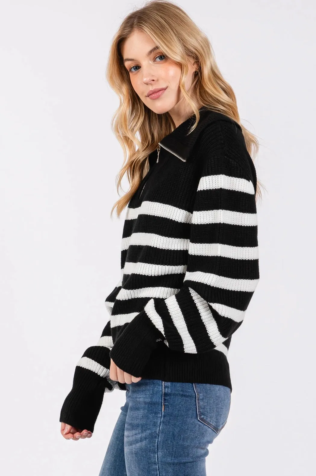 Black & White Funnel Neck Half Zip Stripe Sweater Top