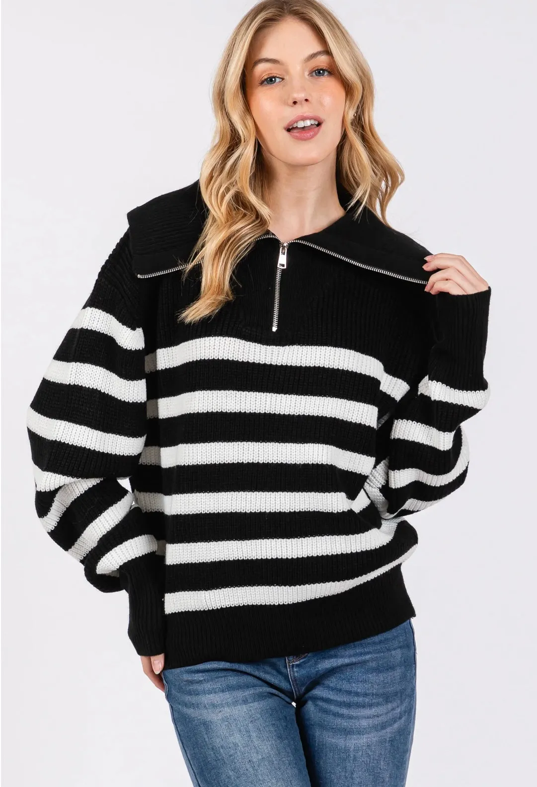 Black & White Funnel Neck Half Zip Stripe Sweater Top