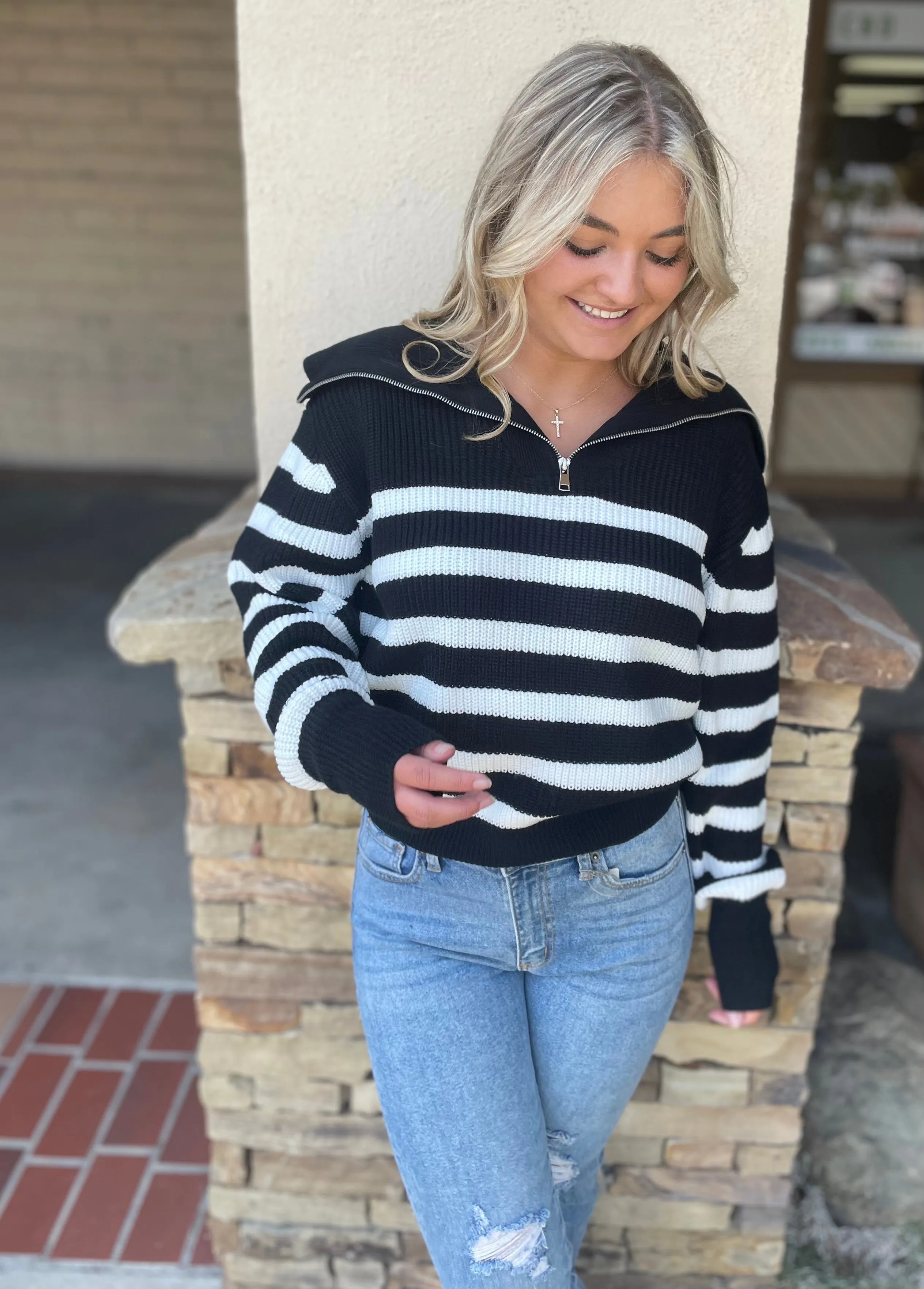 Black & White Funnel Neck Half Zip Stripe Sweater Top