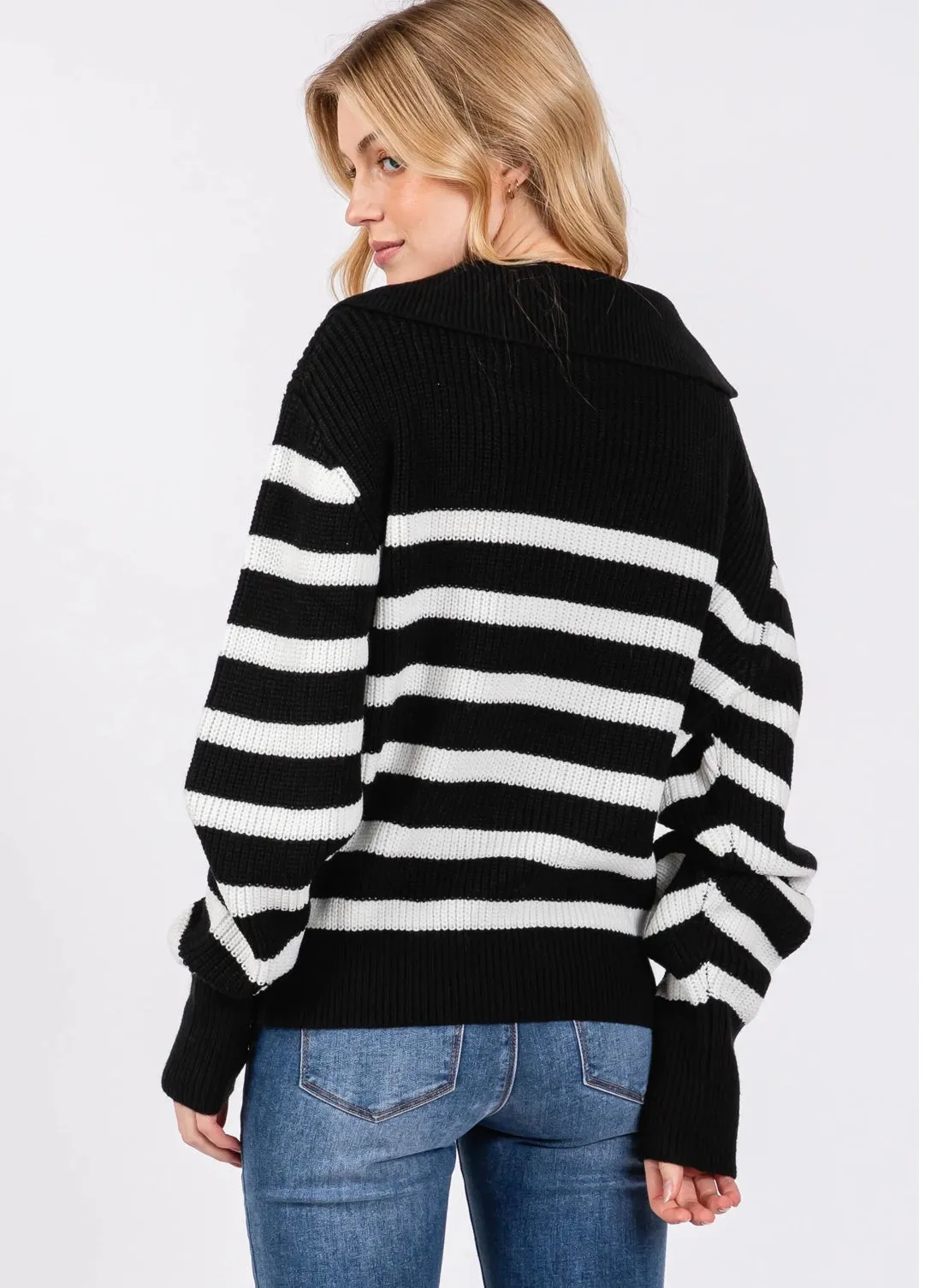 Black & White Funnel Neck Half Zip Stripe Sweater Top