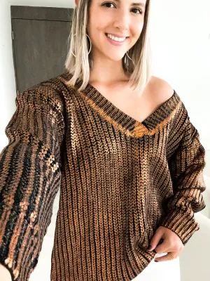 BRONZE V-NECK METALLIC SWEATER