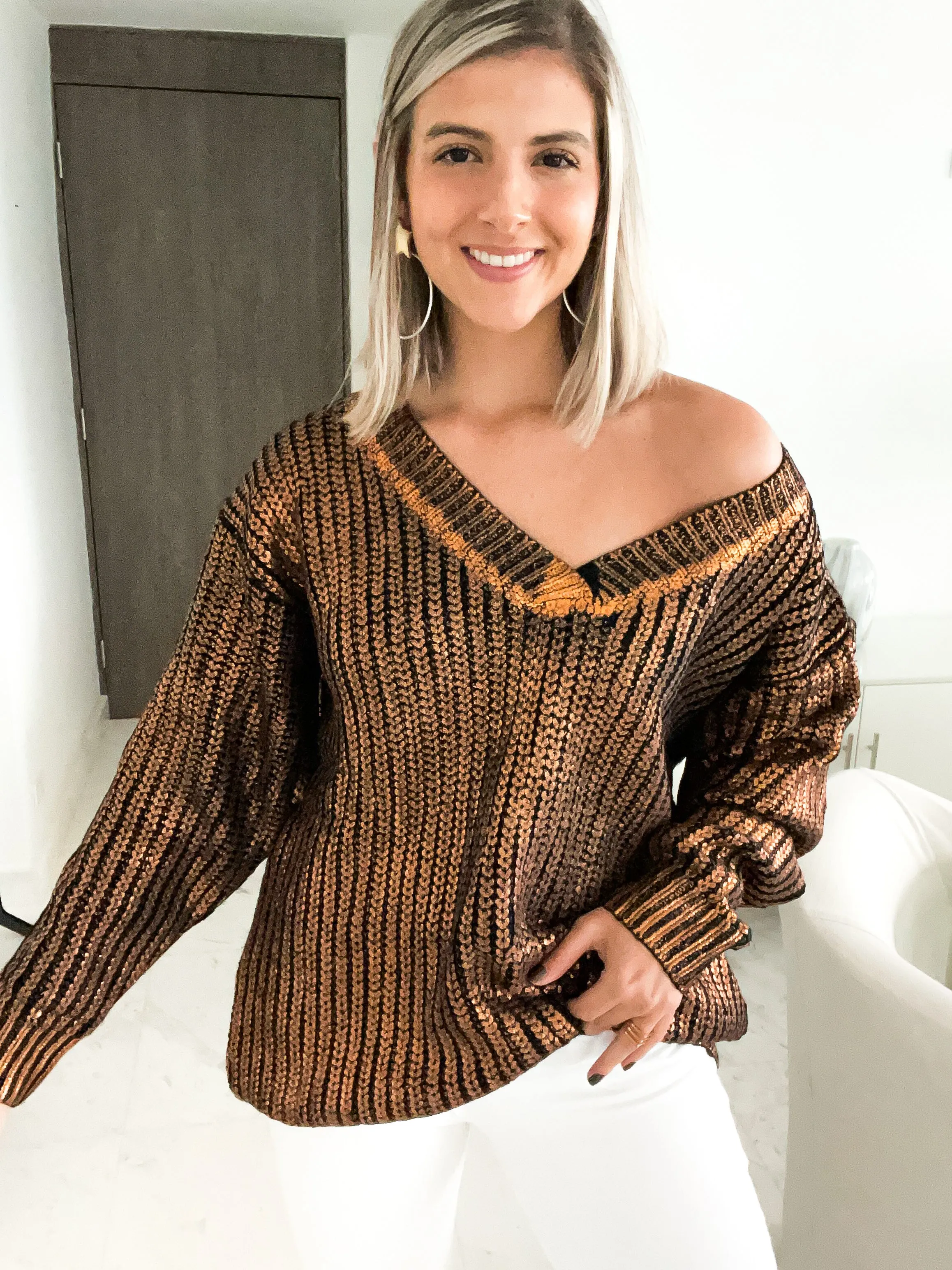 BRONZE V-NECK METALLIC SWEATER
