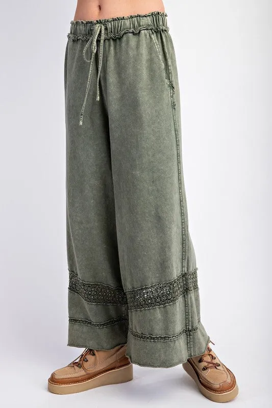 Crochet Tape Detail Terry Knit Pants Olive