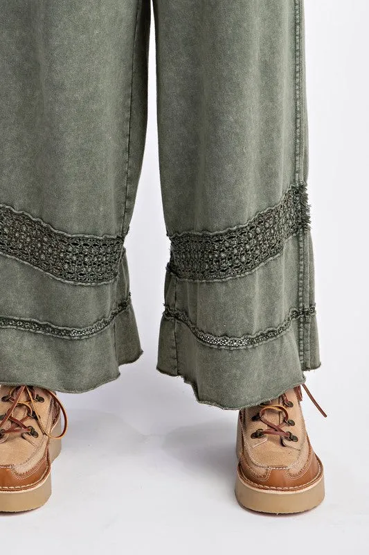 Crochet Tape Detail Terry Knit Pants Olive