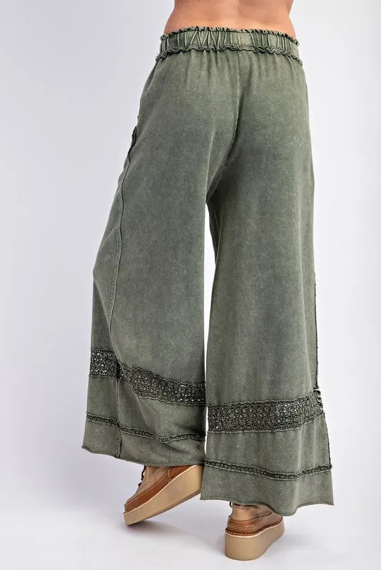 Crochet Tape Detail Terry Knit Pants Olive