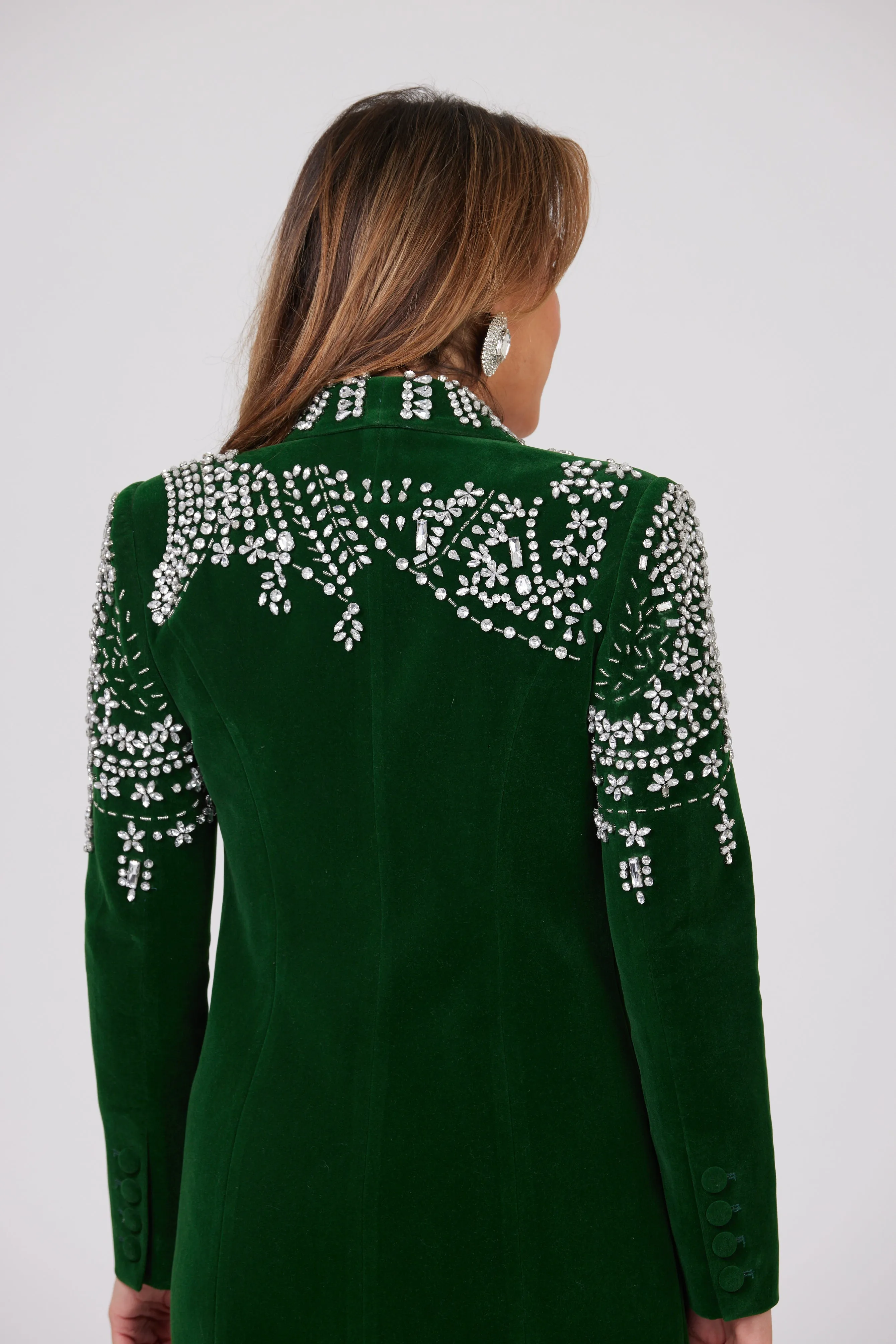ESMERALDA GREEN CRYSTAL EMBELLISHED VELOUR BLAZER DRESS / LIMITED EDITION