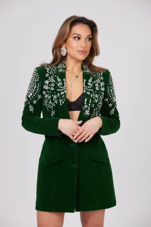 ESMERALDA GREEN CRYSTAL EMBELLISHED VELOUR BLAZER DRESS / LIMITED EDITION