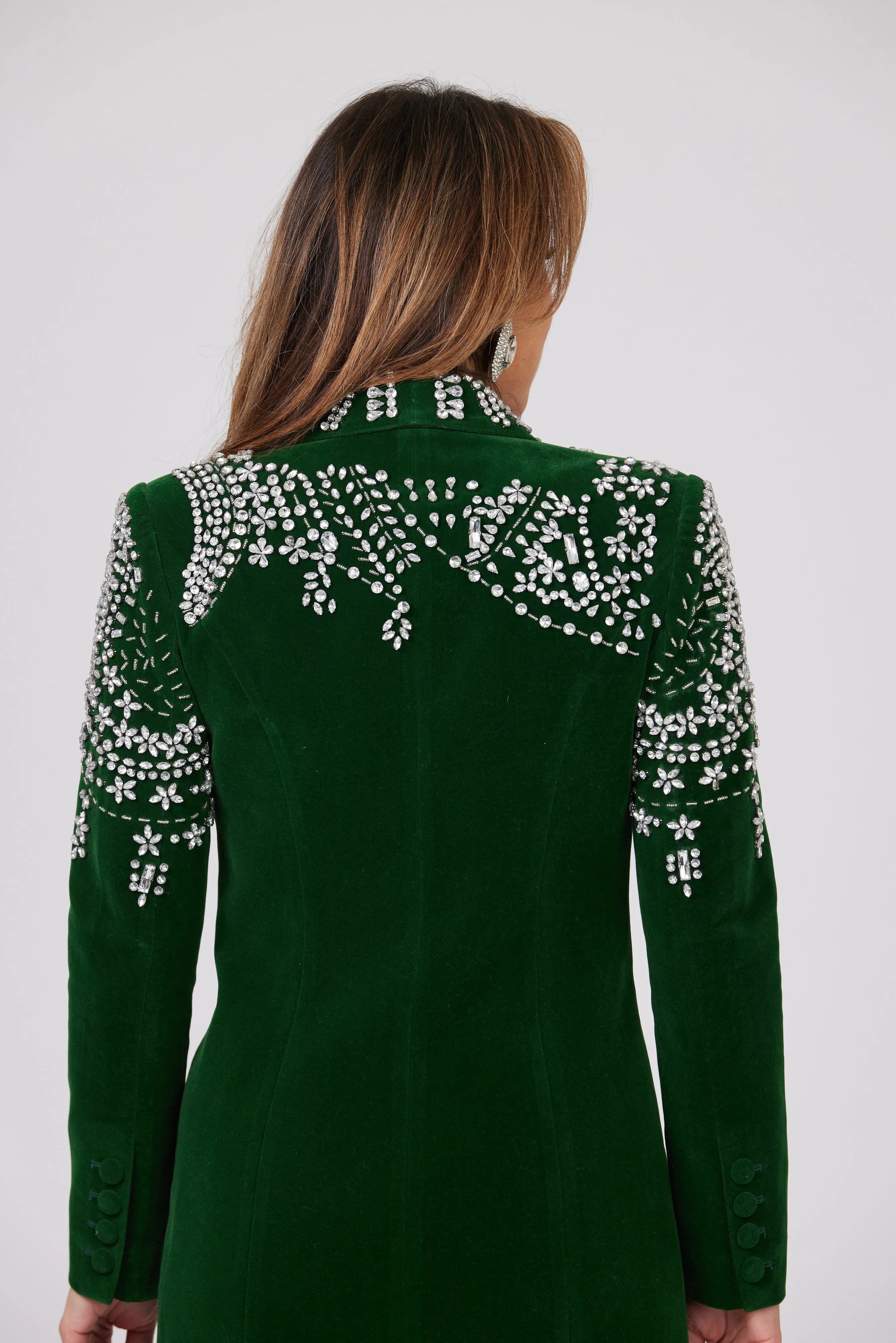 ESMERALDA GREEN CRYSTAL EMBELLISHED VELOUR BLAZER DRESS / LIMITED EDITION