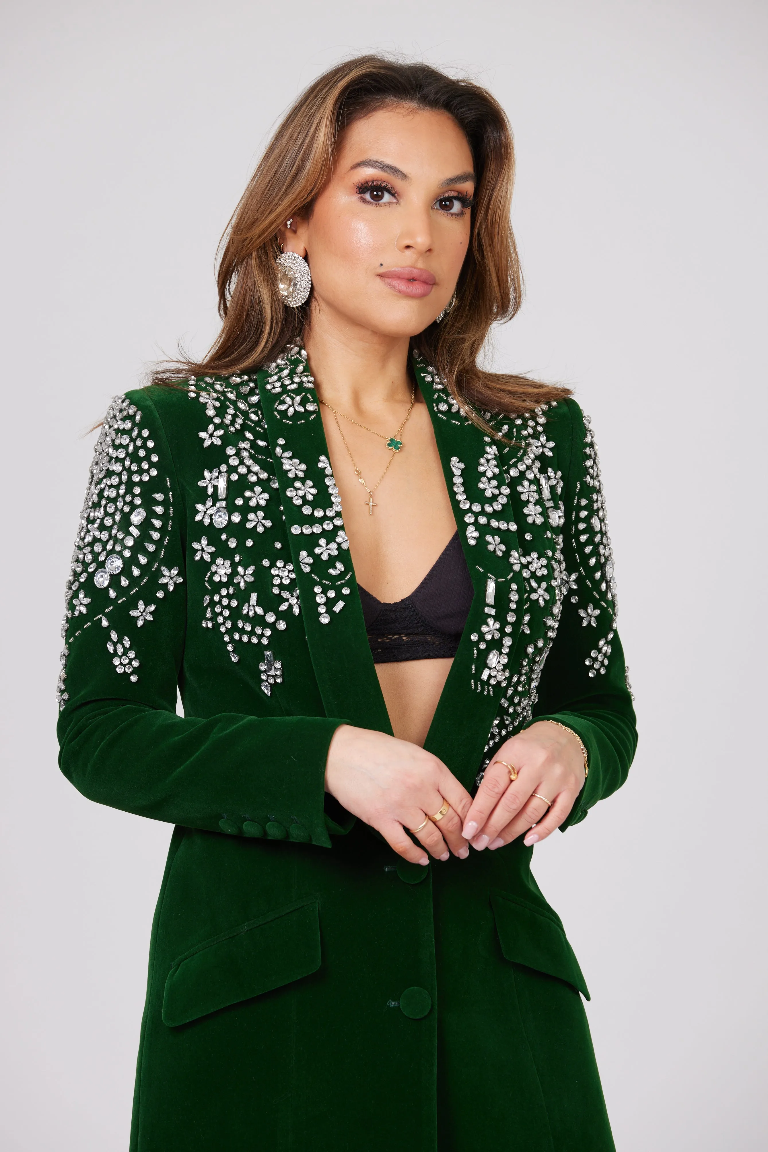 ESMERALDA GREEN CRYSTAL EMBELLISHED VELOUR BLAZER DRESS / LIMITED EDITION