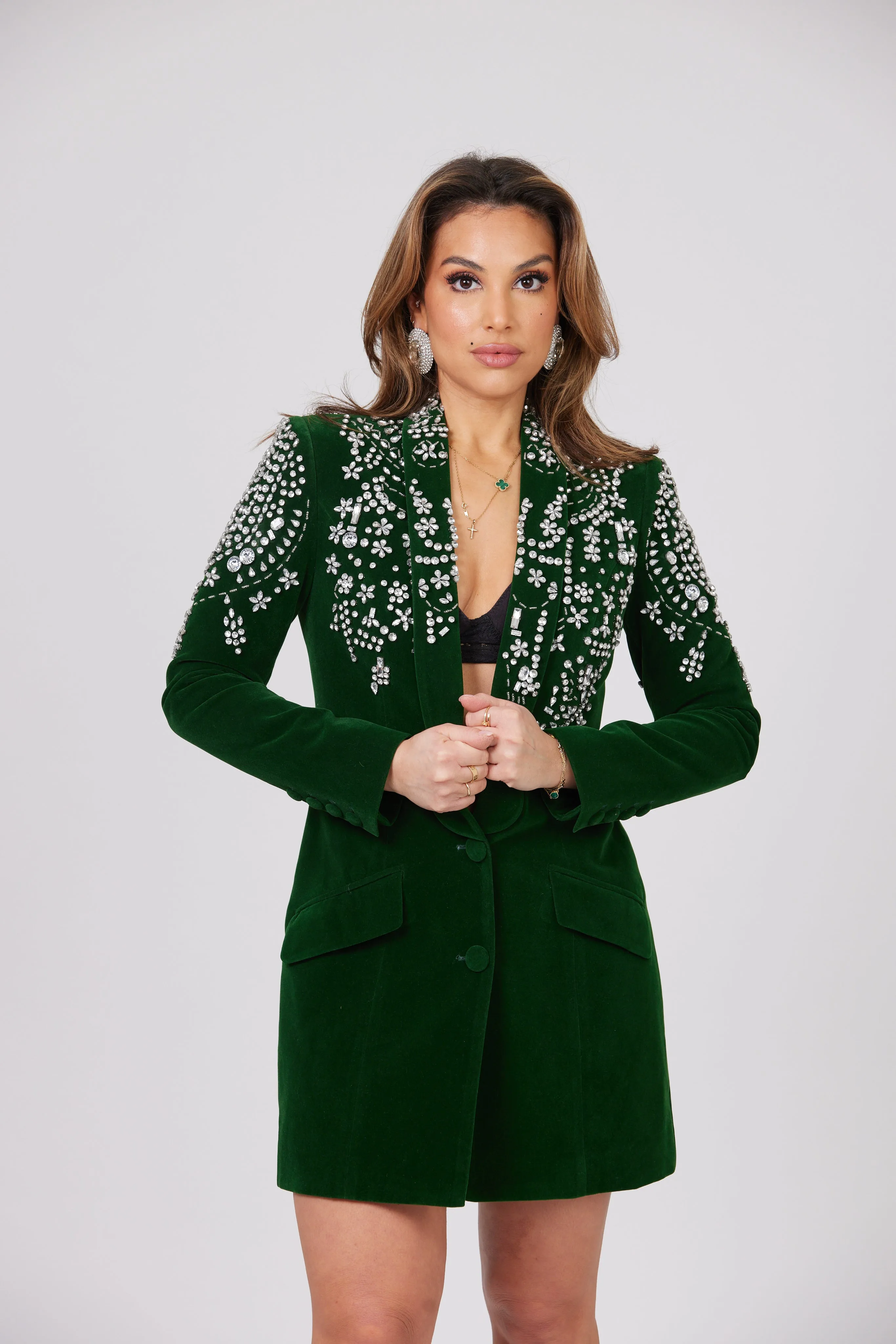 ESMERALDA GREEN CRYSTAL EMBELLISHED VELOUR BLAZER DRESS / LIMITED EDITION