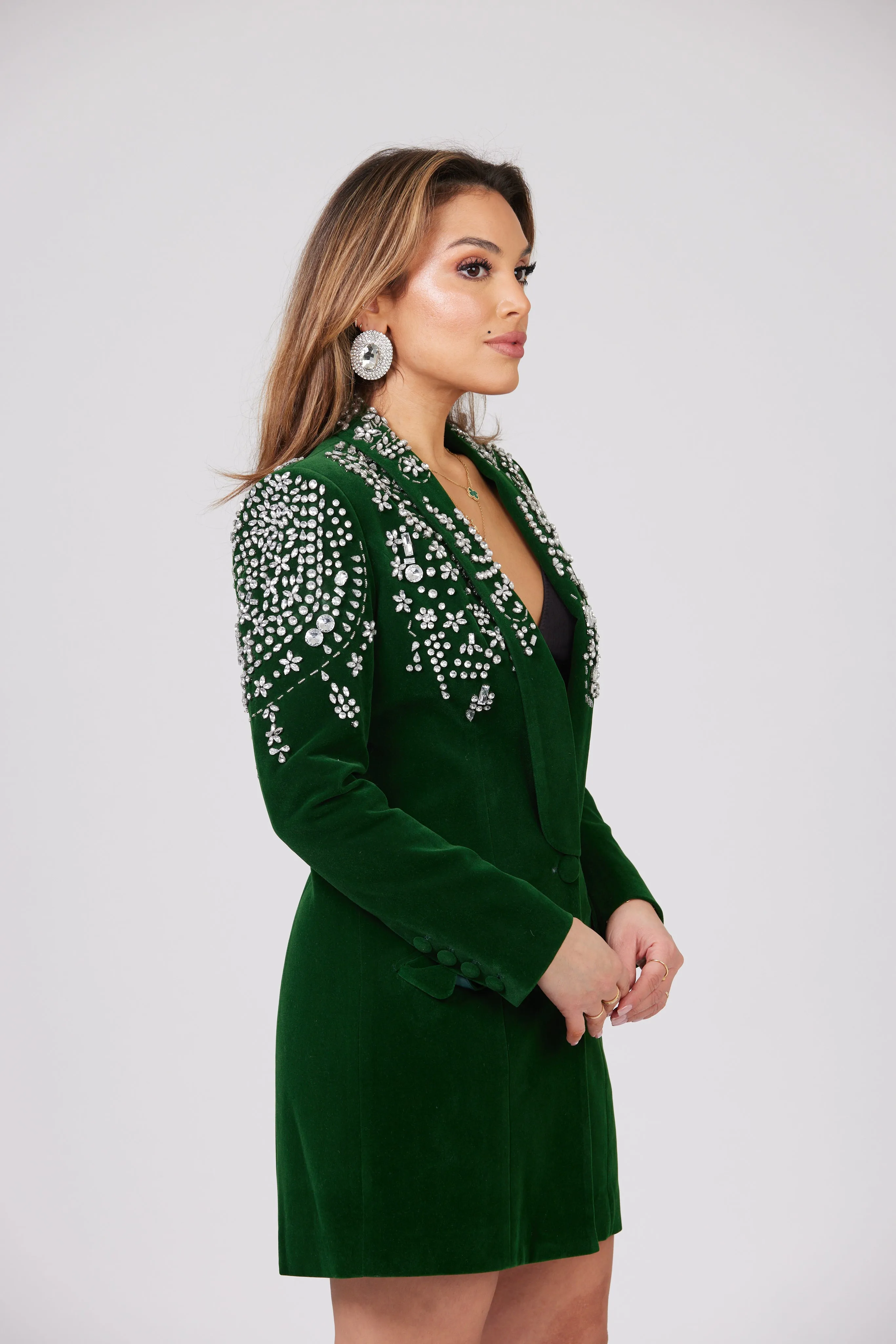 ESMERALDA GREEN CRYSTAL EMBELLISHED VELOUR BLAZER DRESS / LIMITED EDITION