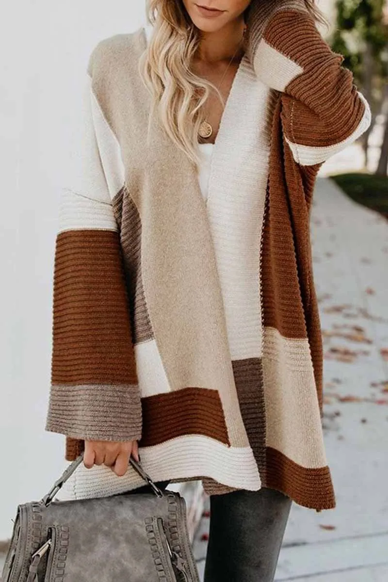 Florcoo Loose Geometric Color Matching Sweater Cardigan(2 Colors)