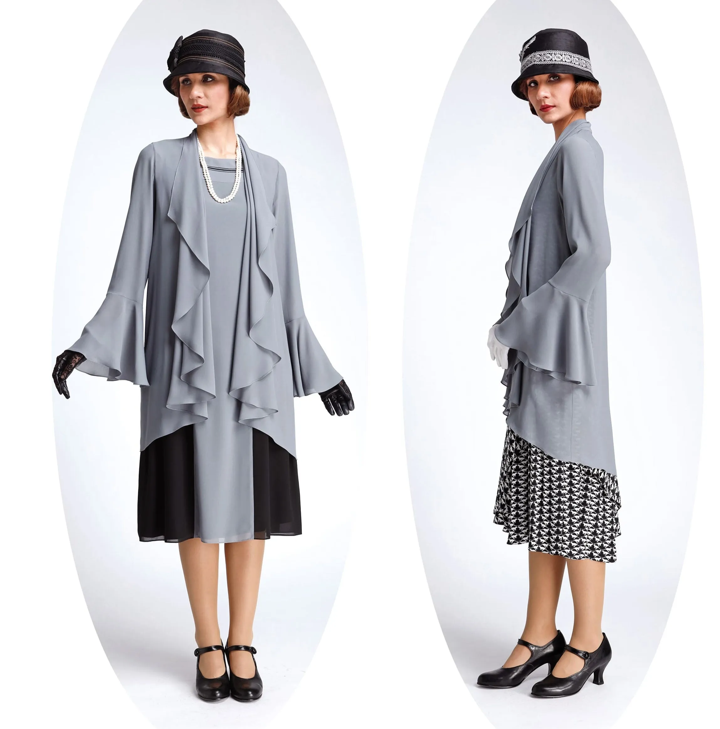 Grey cardigan made of chiffon with cascade collar