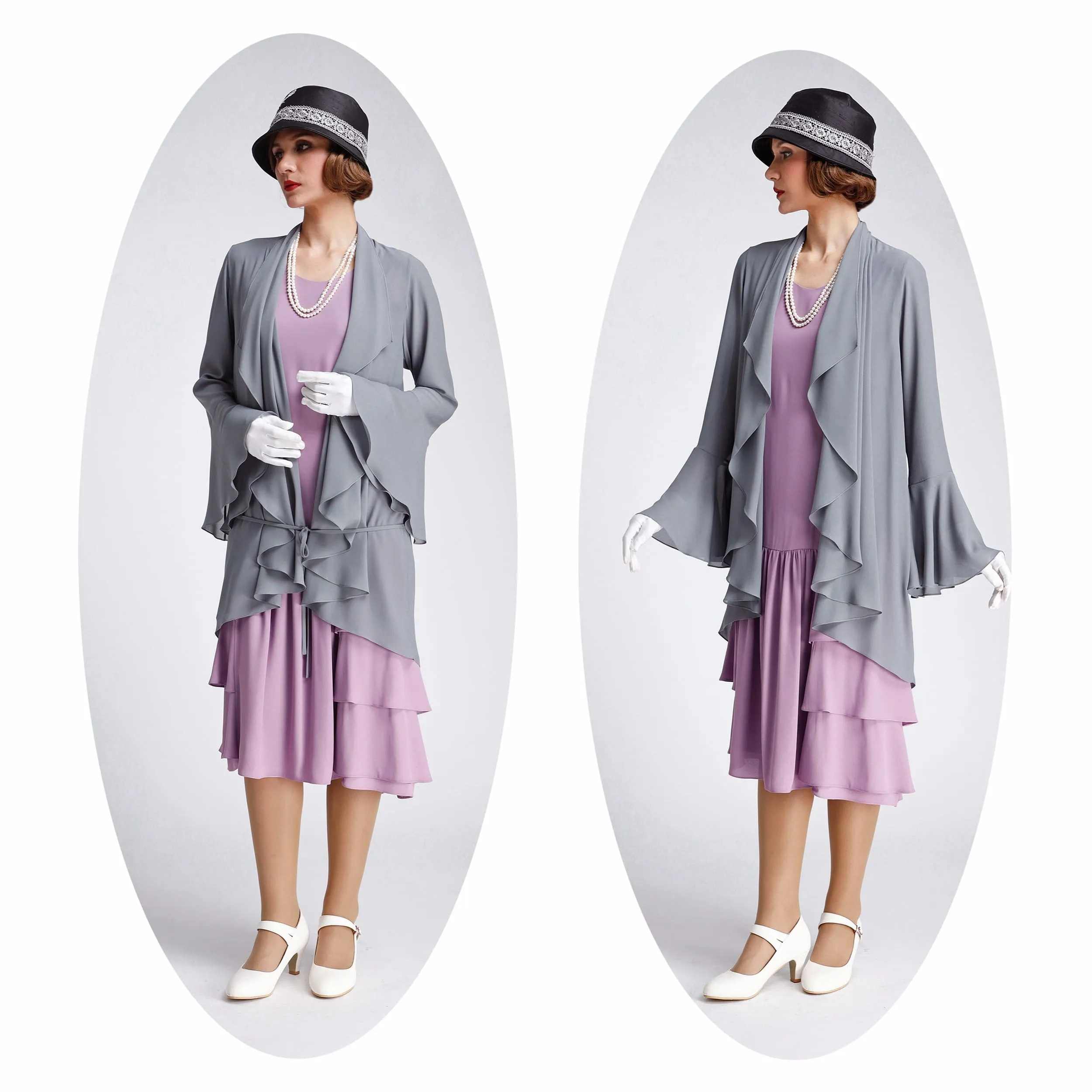 Grey cardigan made of chiffon with cascade collar