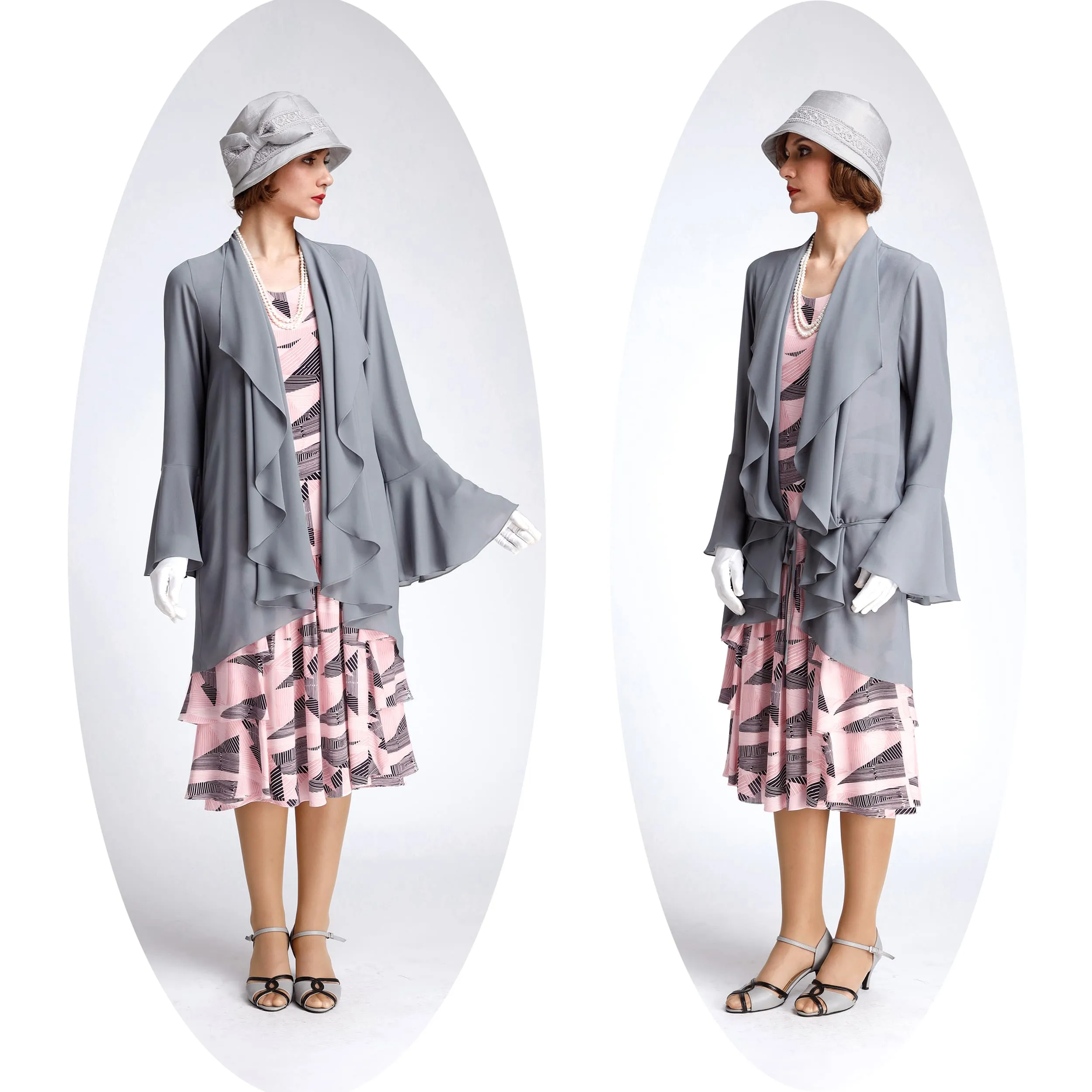 Grey cardigan made of chiffon with cascade collar