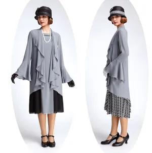 Grey cardigan made of chiffon with cascade collar
