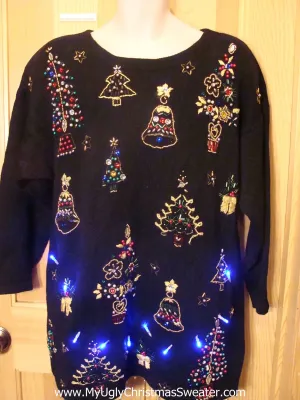 Light Up Ugly Xmas Sweater Pullover 80s Tons of Bling