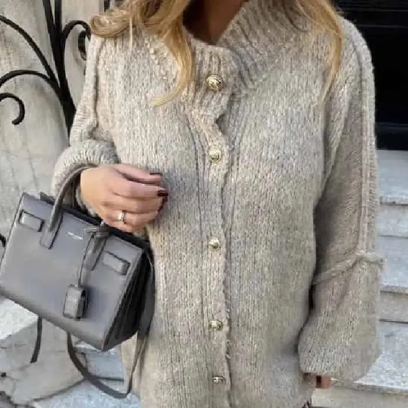 O Neck Knit Long Sleeve Pullover Button Sweater