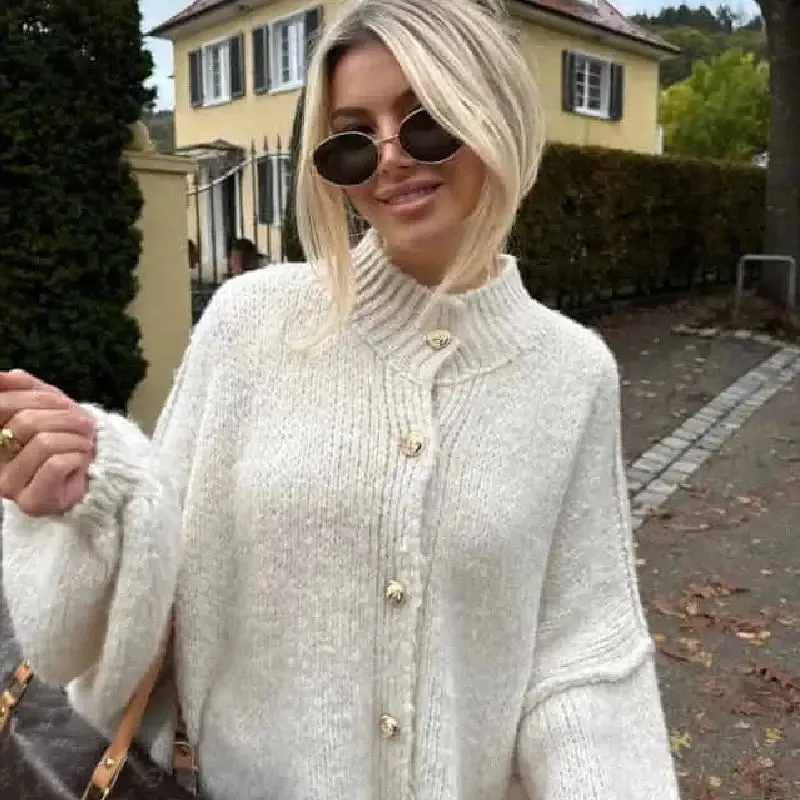 O Neck Knit Long Sleeve Pullover Button Sweater