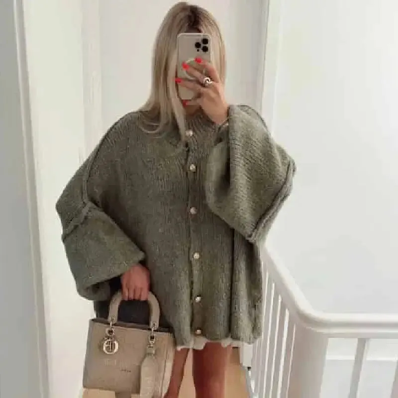 O Neck Knit Long Sleeve Pullover Button Sweater