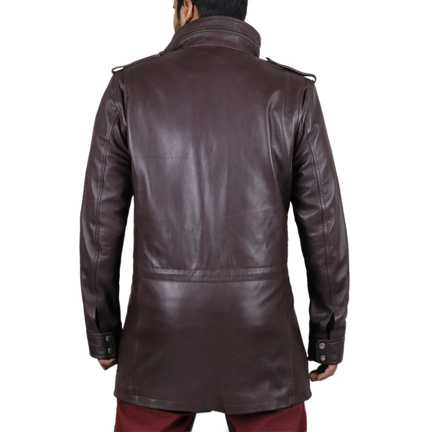 Rilor Stand Collar Long Leather Coat