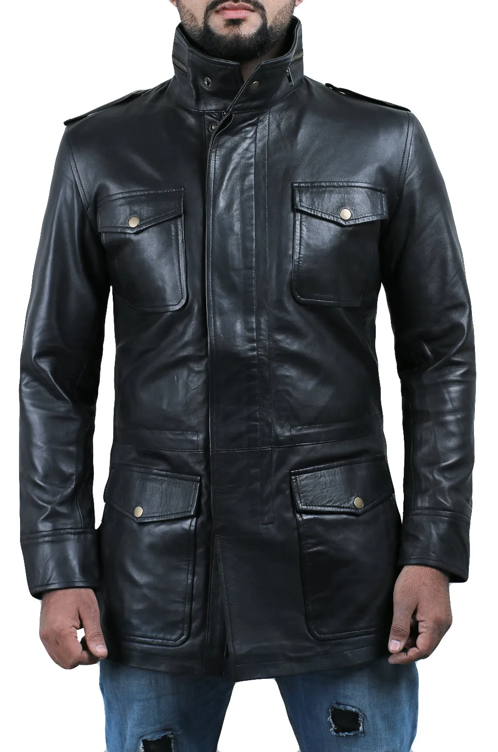 Rilor Stand Collar Long Leather Coat