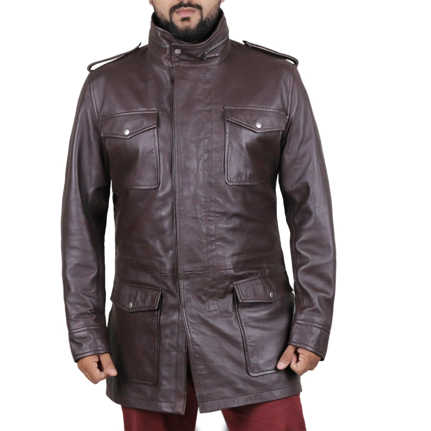 Rilor Stand Collar Long Leather Coat