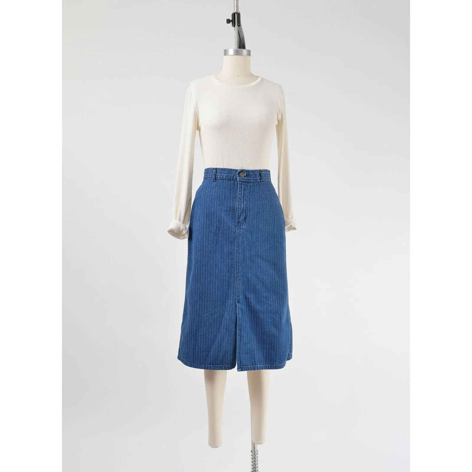 Vintage 70s Denim Pinstriped Skirt High Waisted Jean Skirt Midi Length Pencil Skirt size XS S