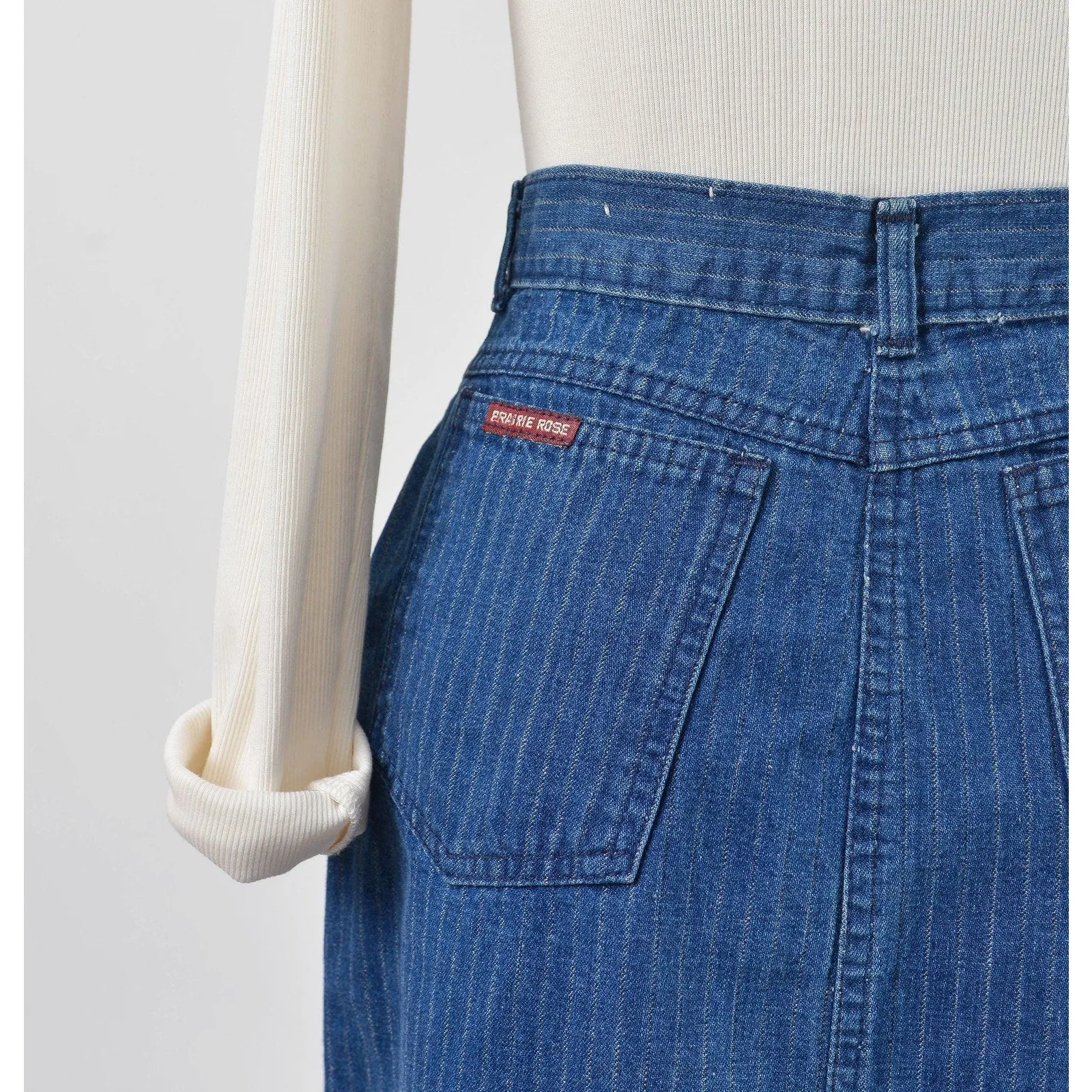 Vintage 70s Denim Pinstriped Skirt High Waisted Jean Skirt Midi Length Pencil Skirt size XS S