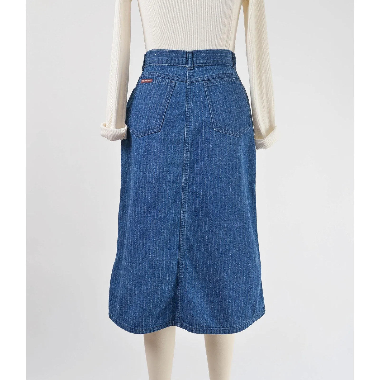 Vintage 70s Denim Pinstriped Skirt High Waisted Jean Skirt Midi Length Pencil Skirt size XS S