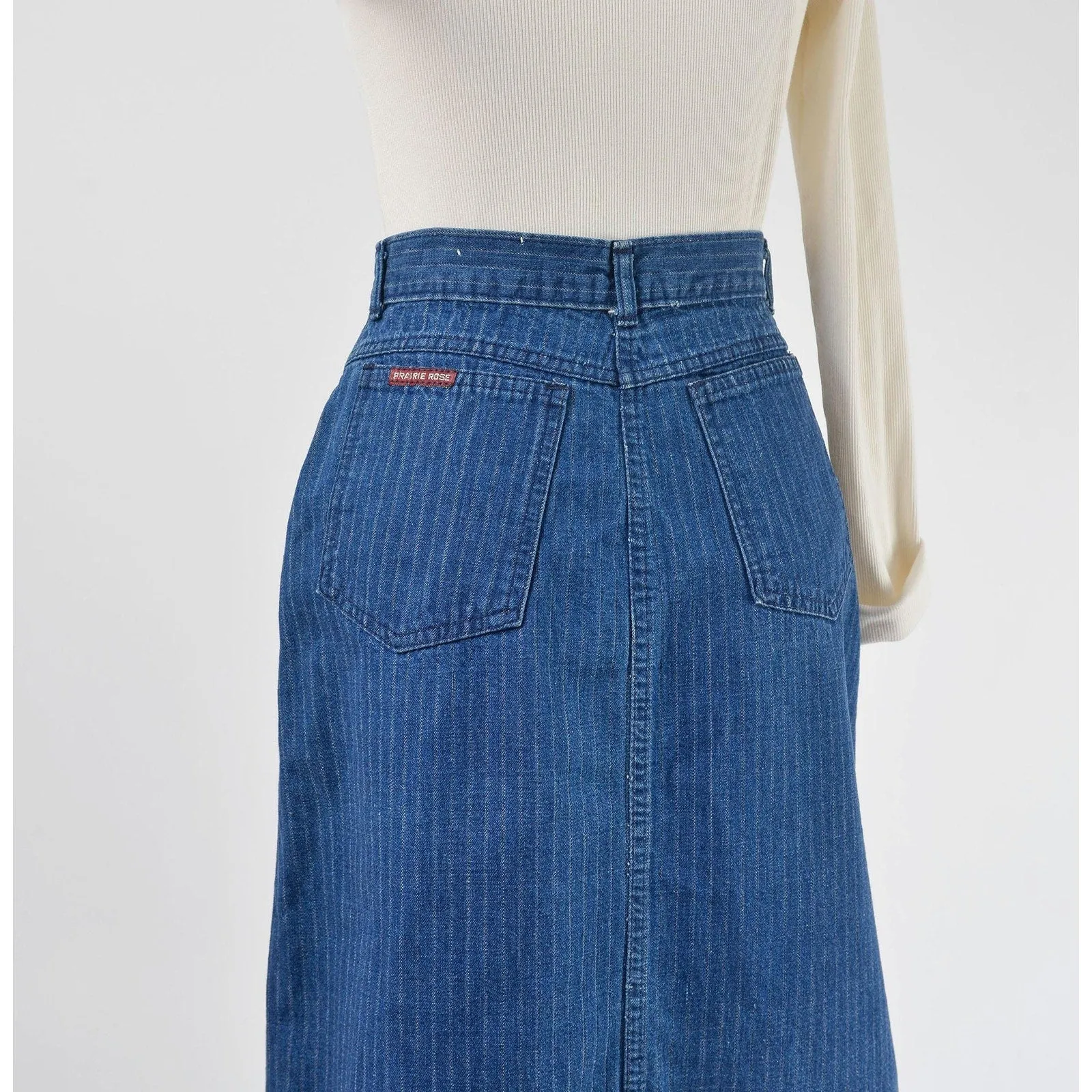 Vintage 70s Denim Pinstriped Skirt High Waisted Jean Skirt Midi Length Pencil Skirt size XS S