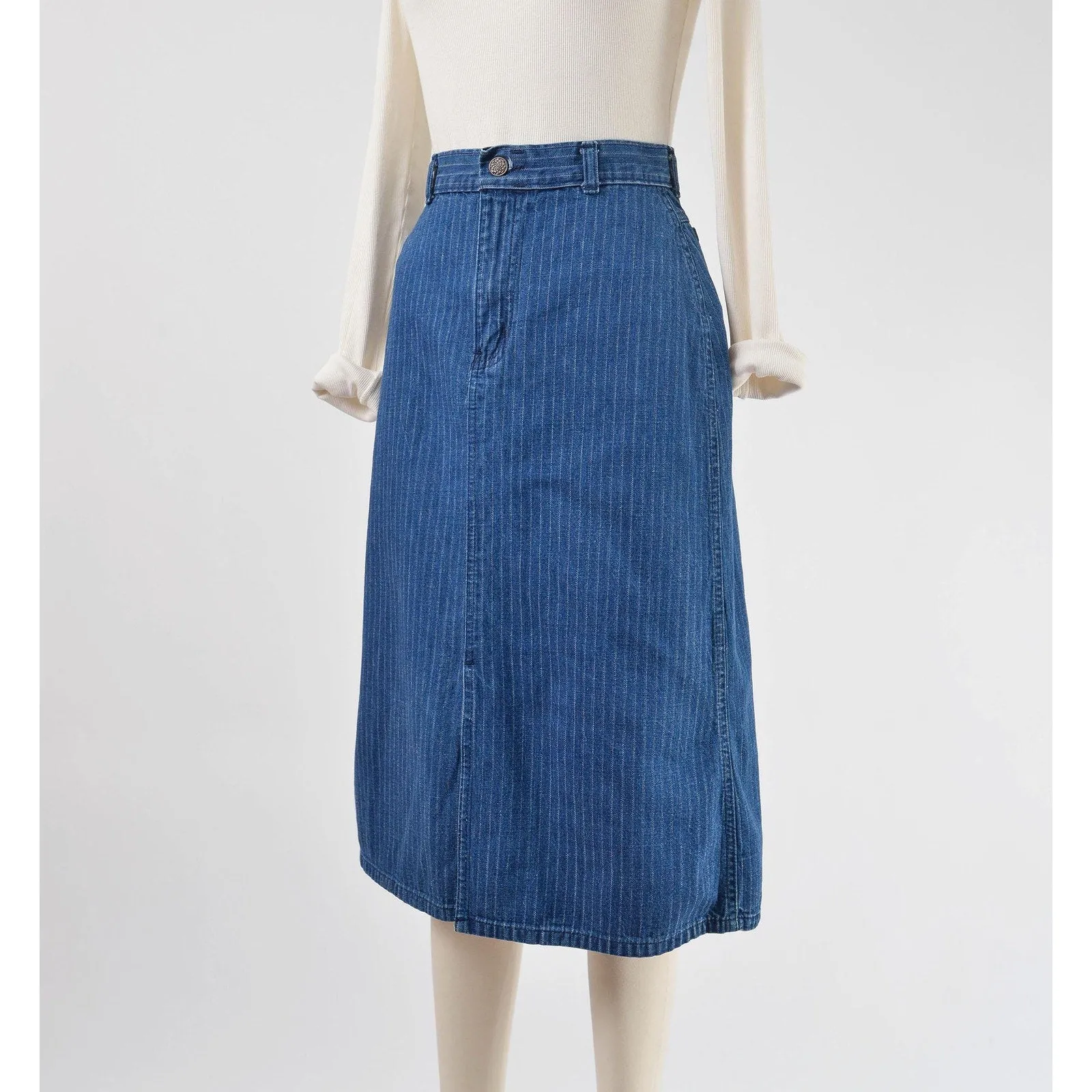 Vintage 70s Denim Pinstriped Skirt High Waisted Jean Skirt Midi Length Pencil Skirt size XS S
