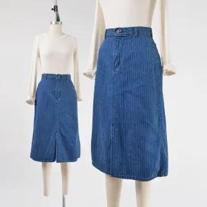 Vintage 70s Denim Pinstriped Skirt High Waisted Jean Skirt Midi Length Pencil Skirt size XS S