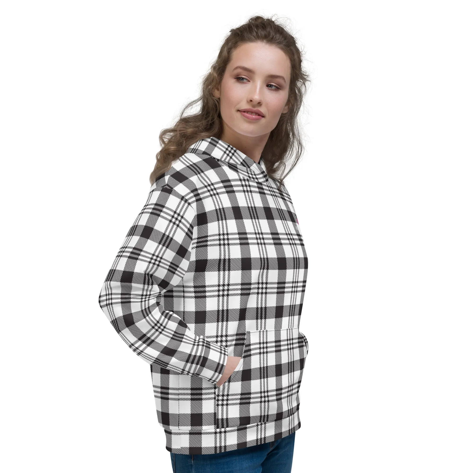 White Black Plaid Printed Hoodie, Plaid Print Unisex Soft Fleece Designer Hoodie- Made in USA/MX/EU