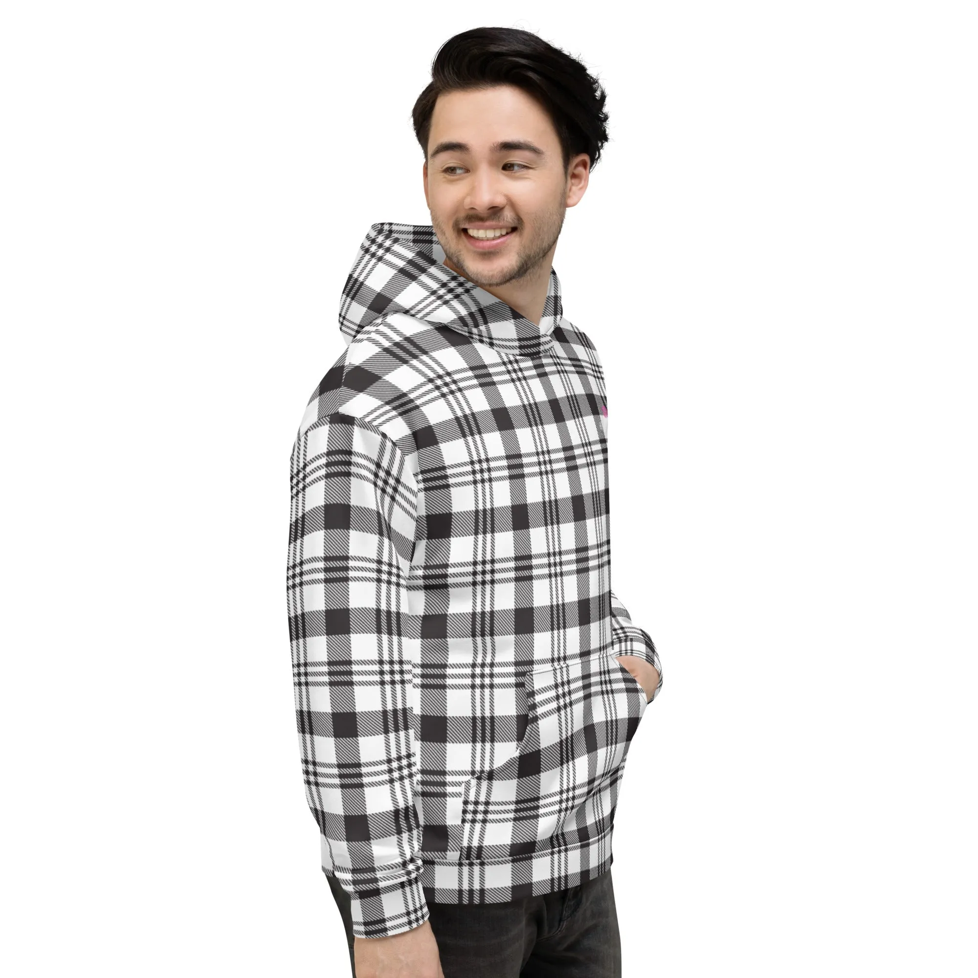 White Black Plaid Printed Hoodie, Plaid Print Unisex Soft Fleece Designer Hoodie- Made in USA/MX/EU