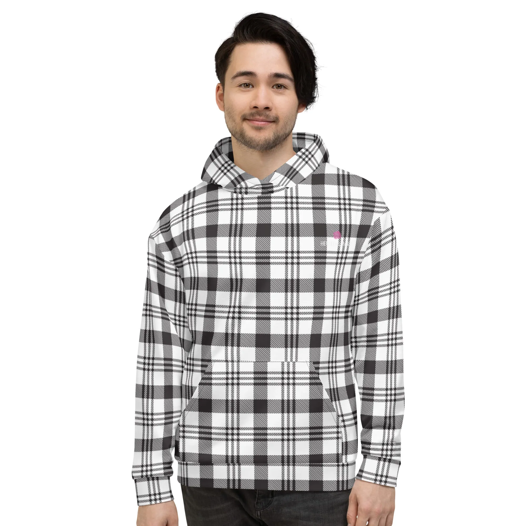 White Black Plaid Printed Hoodie, Plaid Print Unisex Soft Fleece Designer Hoodie- Made in USA/MX/EU
