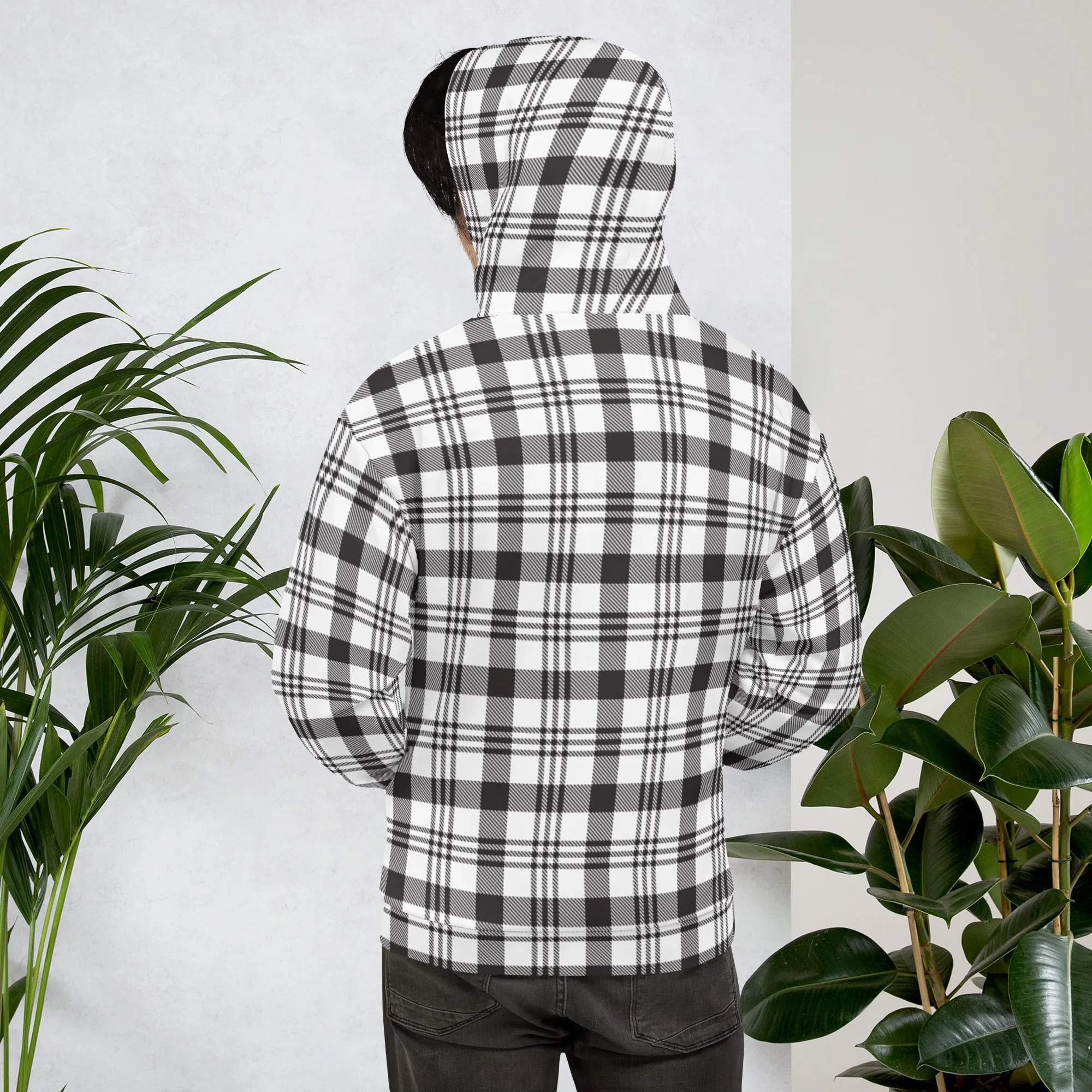 White Black Plaid Printed Hoodie, Plaid Print Unisex Soft Fleece Designer Hoodie- Made in USA/MX/EU