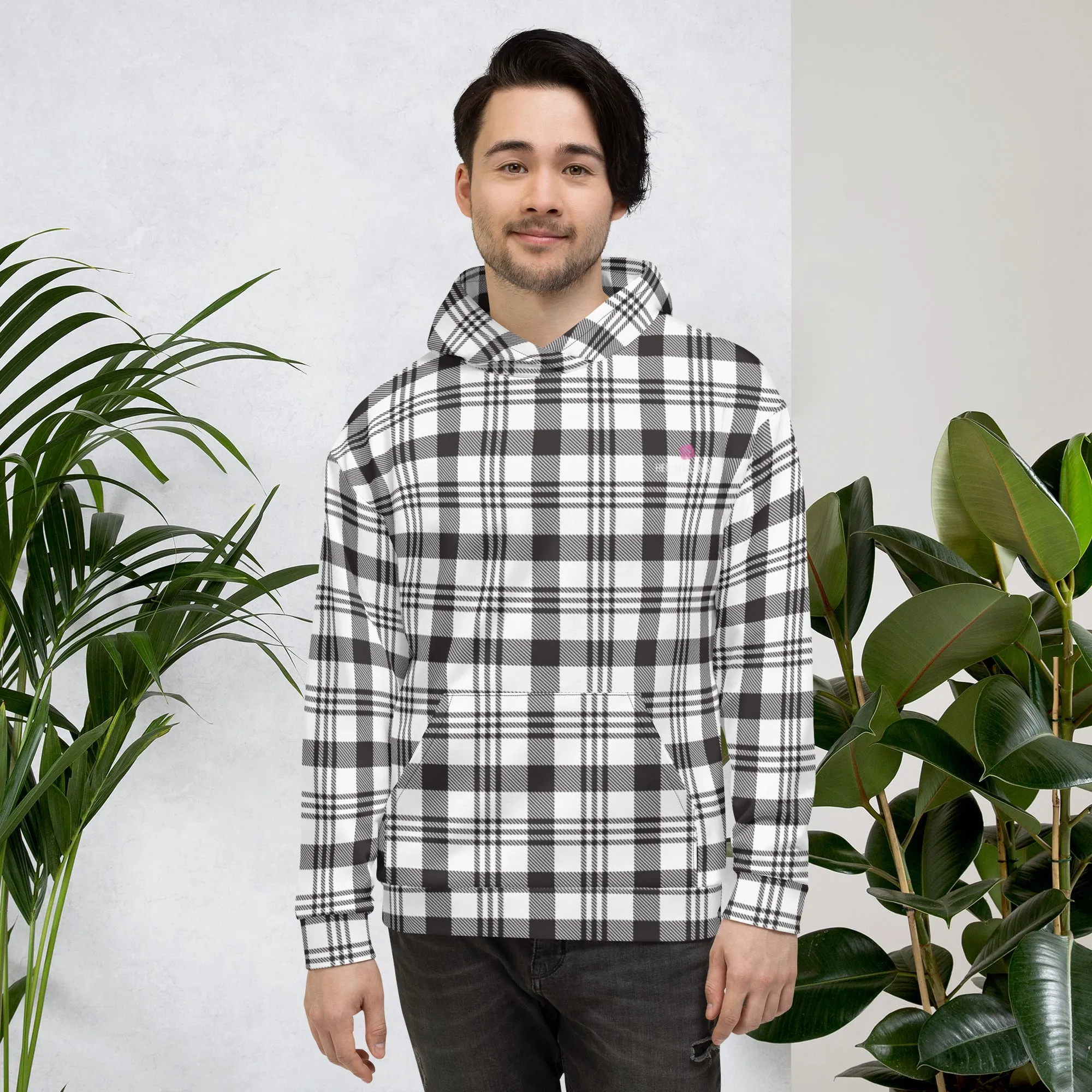 White Black Plaid Printed Hoodie, Plaid Print Unisex Soft Fleece Designer Hoodie- Made in USA/MX/EU