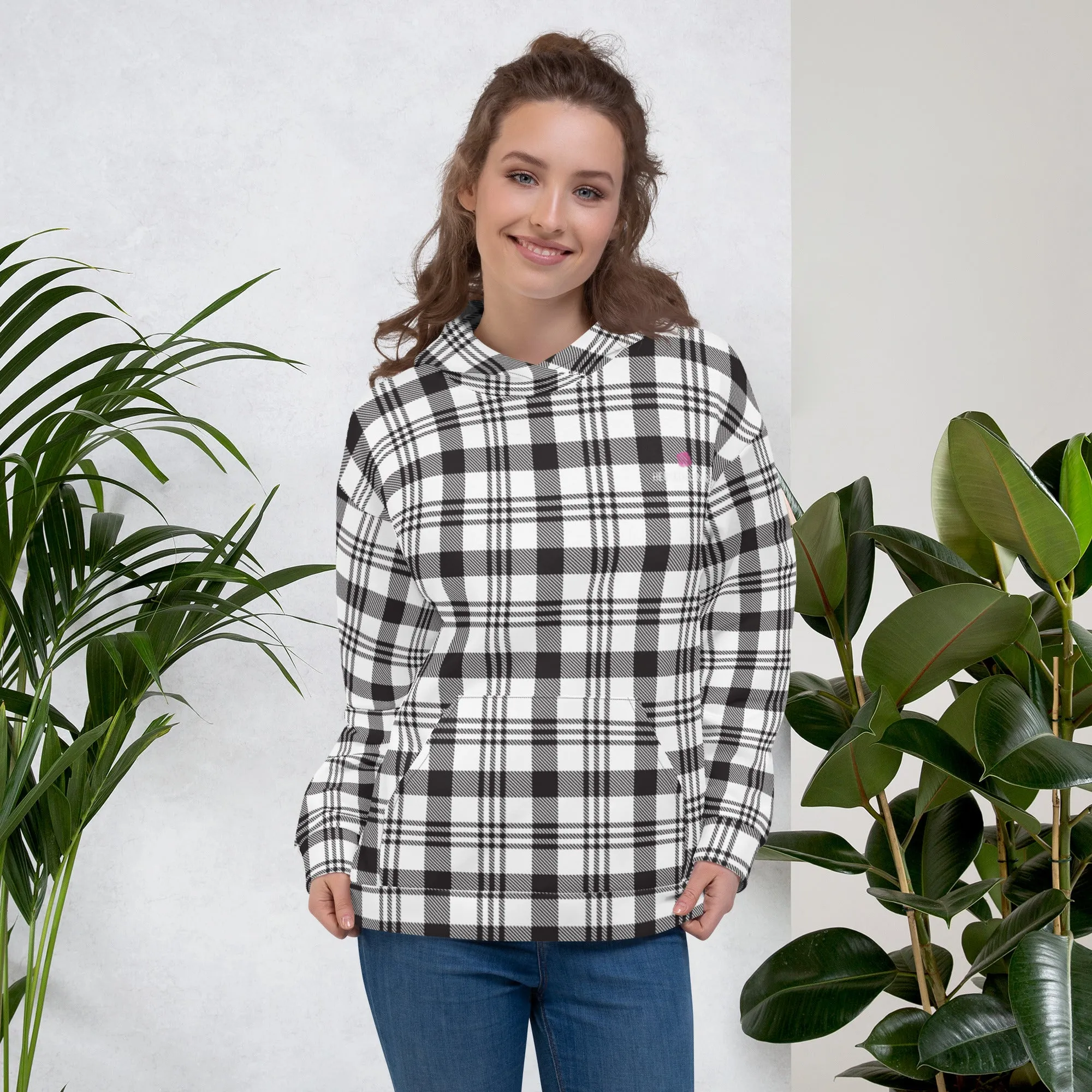White Black Plaid Printed Hoodie, Plaid Print Unisex Soft Fleece Designer Hoodie- Made in USA/MX/EU