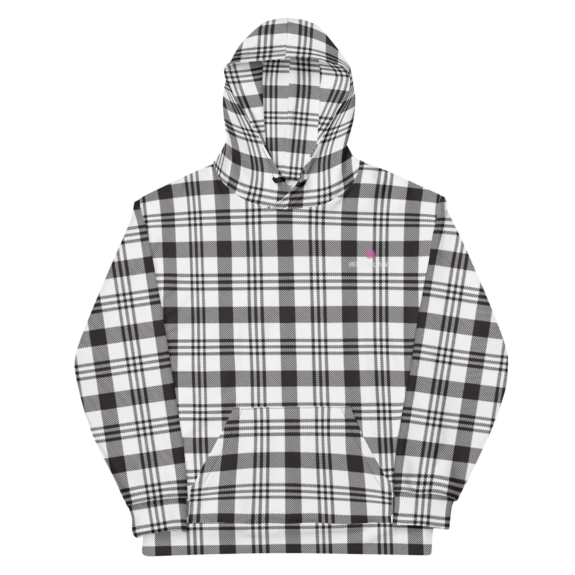 White Black Plaid Printed Hoodie, Plaid Print Unisex Soft Fleece Designer Hoodie- Made in USA/MX/EU