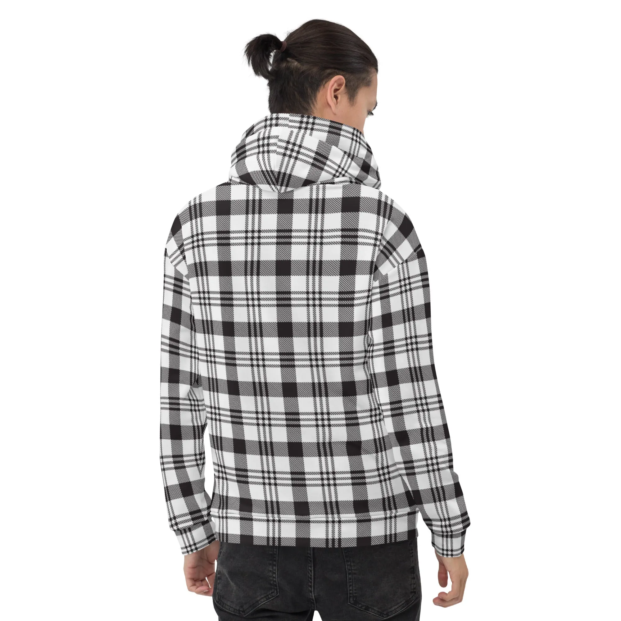 White Black Plaid Printed Hoodie, Plaid Print Unisex Soft Fleece Designer Hoodie- Made in USA/MX/EU