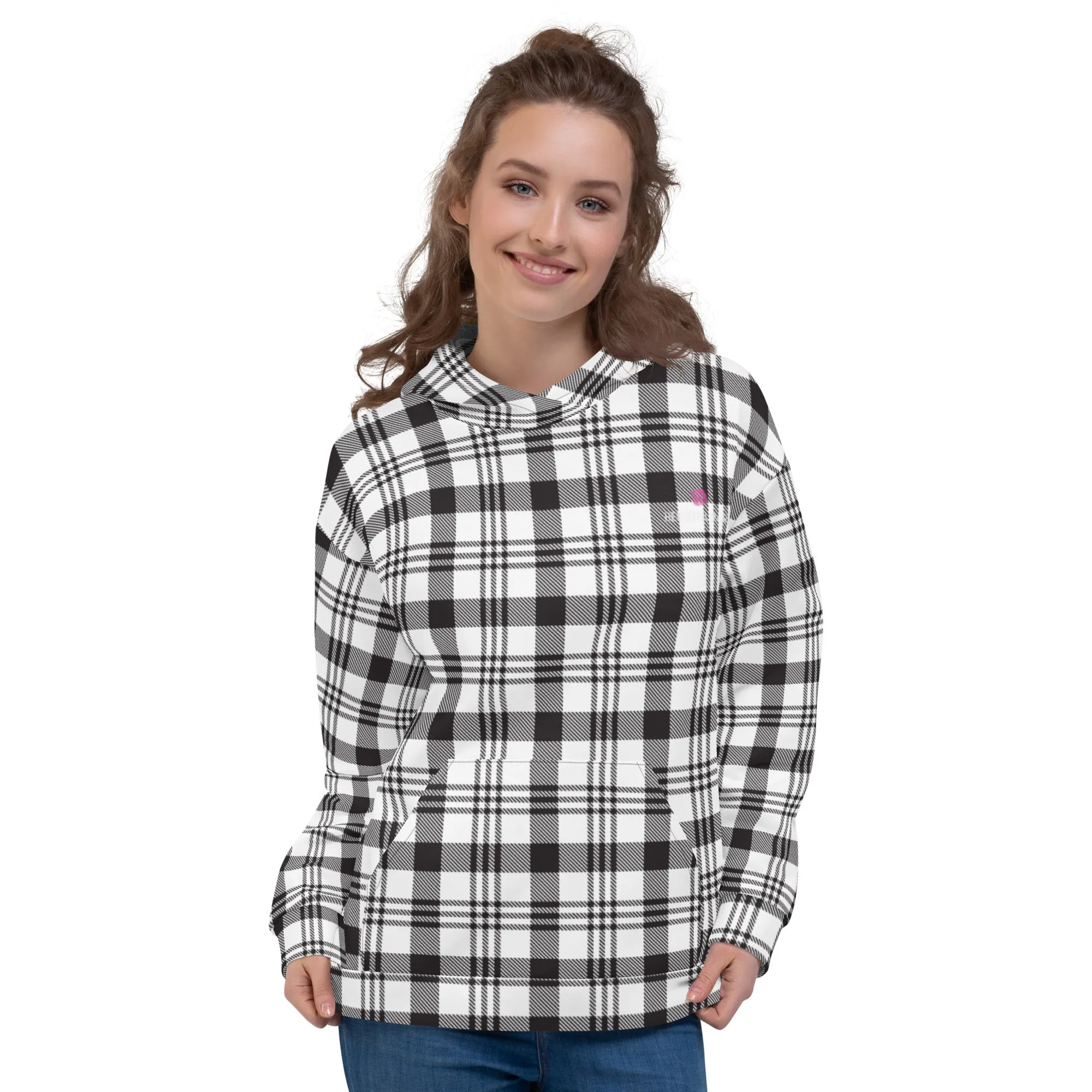 White Black Plaid Printed Hoodie, Plaid Print Unisex Soft Fleece Designer Hoodie- Made in USA/MX/EU