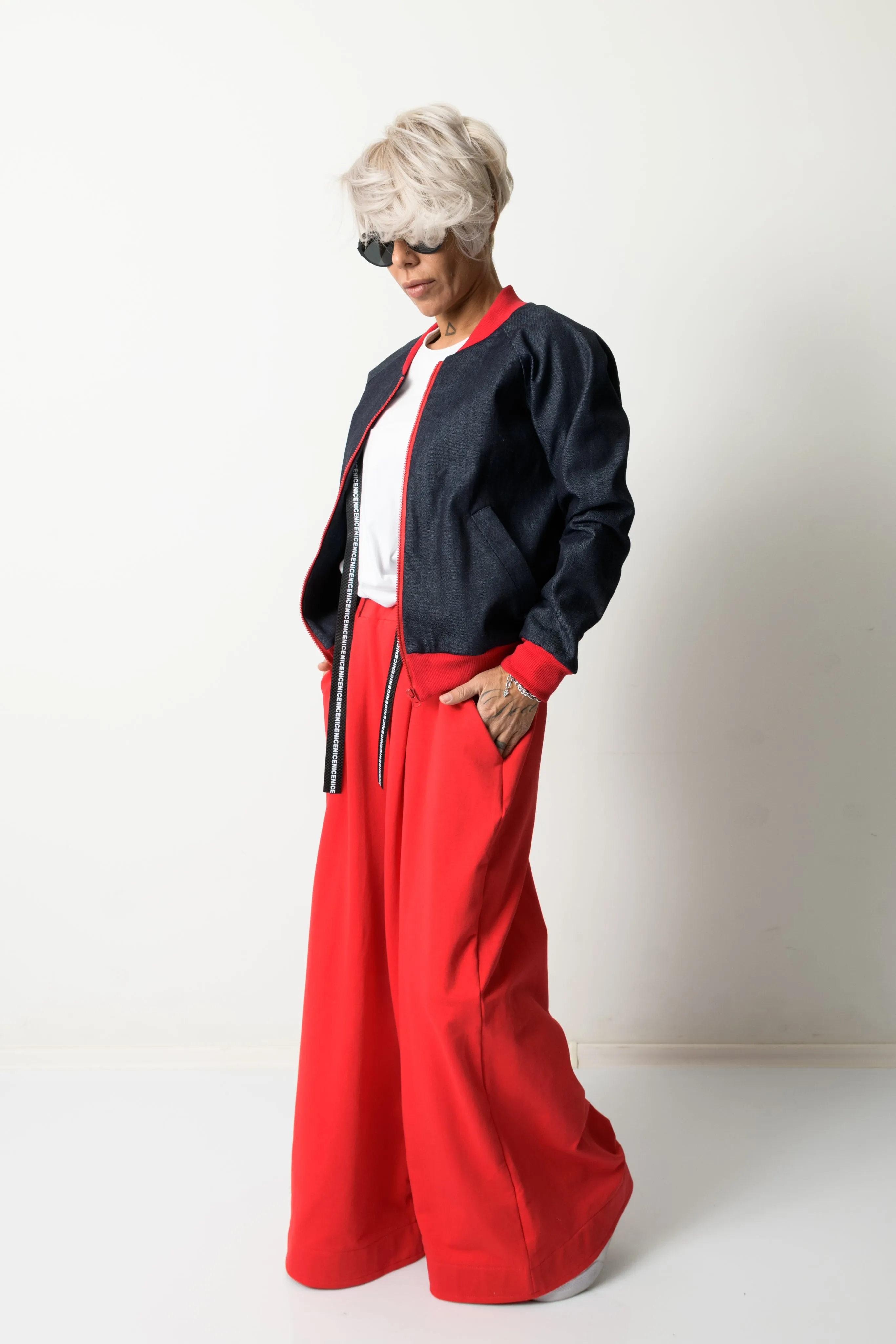 Woman Denim Bomber Jacket with Red Cuffs