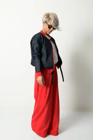 Woman Denim Bomber Jacket with Red Cuffs