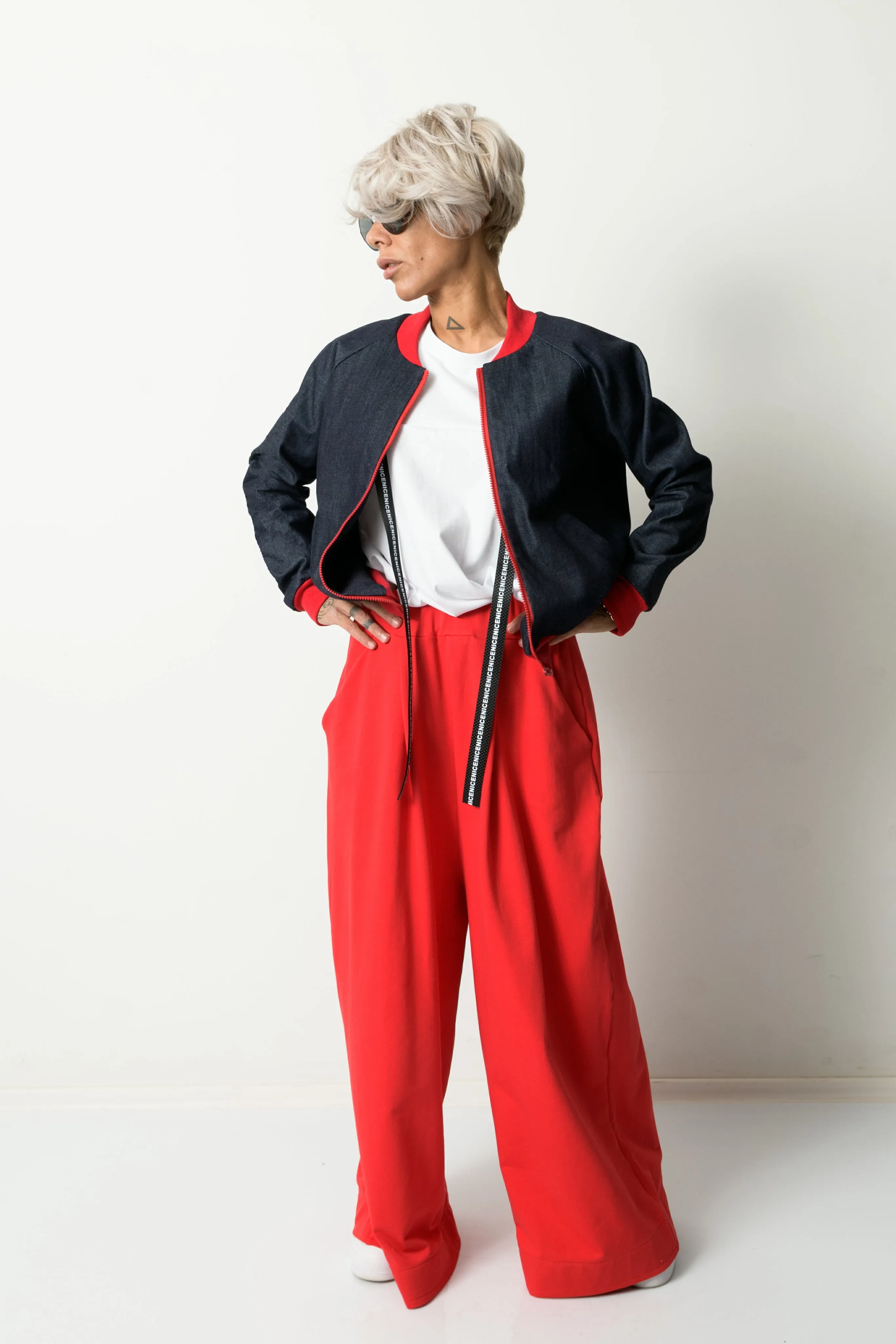 Woman Denim Bomber Jacket with Red Cuffs